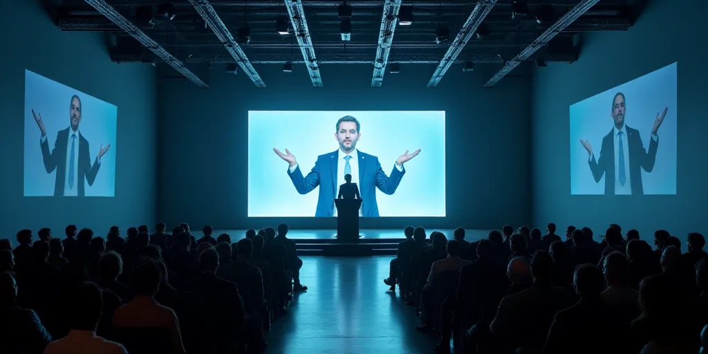 a large room with a podium and a screen on the wall with a man on it and people sitting in the chair