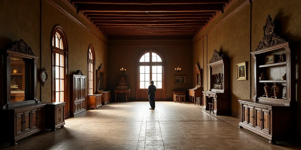 a large room with lots of wooden furniture inside of it and a person standing in the distance lookin