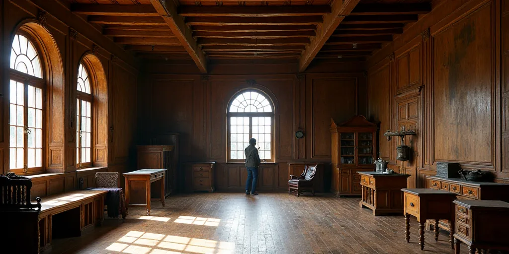 a large room with lots of wooden furniture inside of it and a person standing in the distance lookin