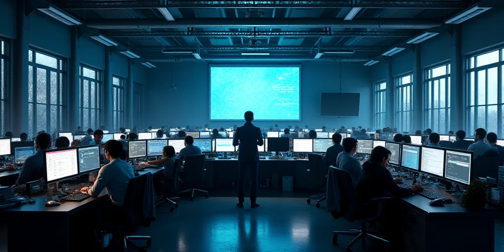 a large room with many monitors and people standing around it in a building with a lot of windows an