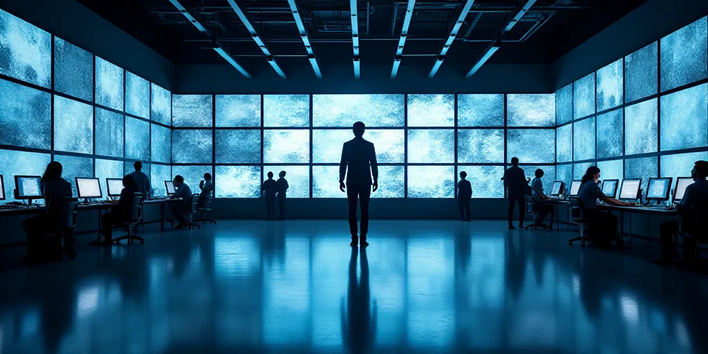 a large room with many monitors and people walking around it and a man standing in the middle of the
