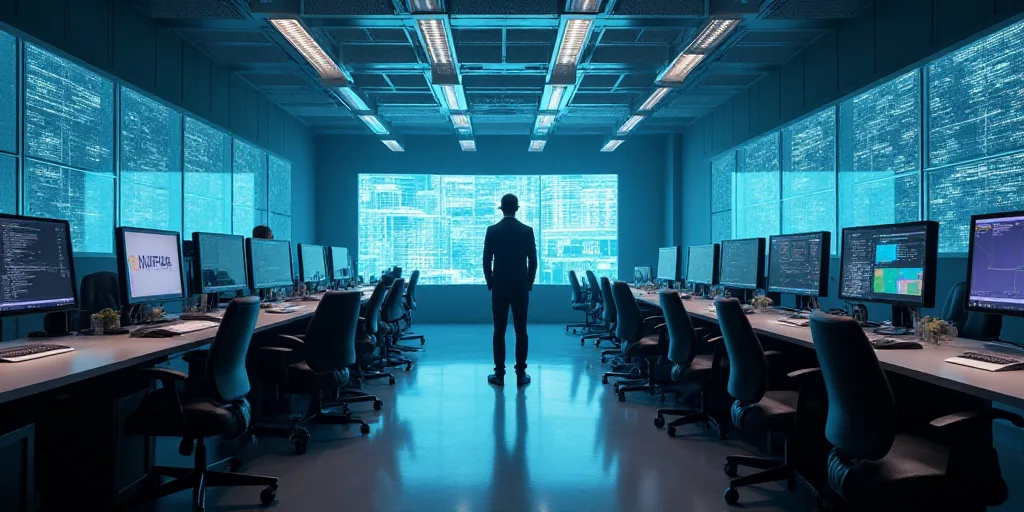 a large room with multiple desks and monitors on the walls and a man standing in the middle of the r