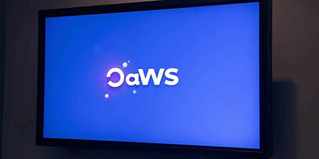 a large screen with a logo on it that says aws on it and a blue background with a white and purple l