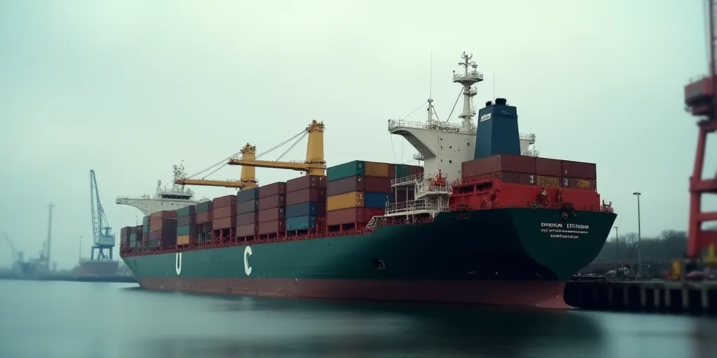 a large ship docked at a dock with a lot of cargo on it's sides and a crane in the background, Cedri