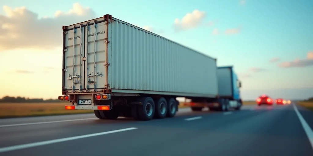a large sign is in front of a large container on a road with a sky background and a few cars, Carles