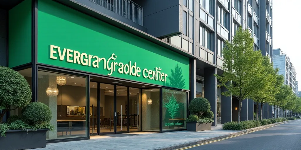 a large sign on the side of a building that says evergreen grande center in japanese writing on the