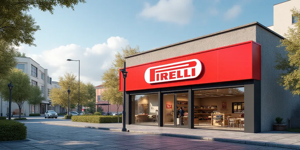 a large sign on the side of a building that says tirelli on it's side and a light pole in front of i