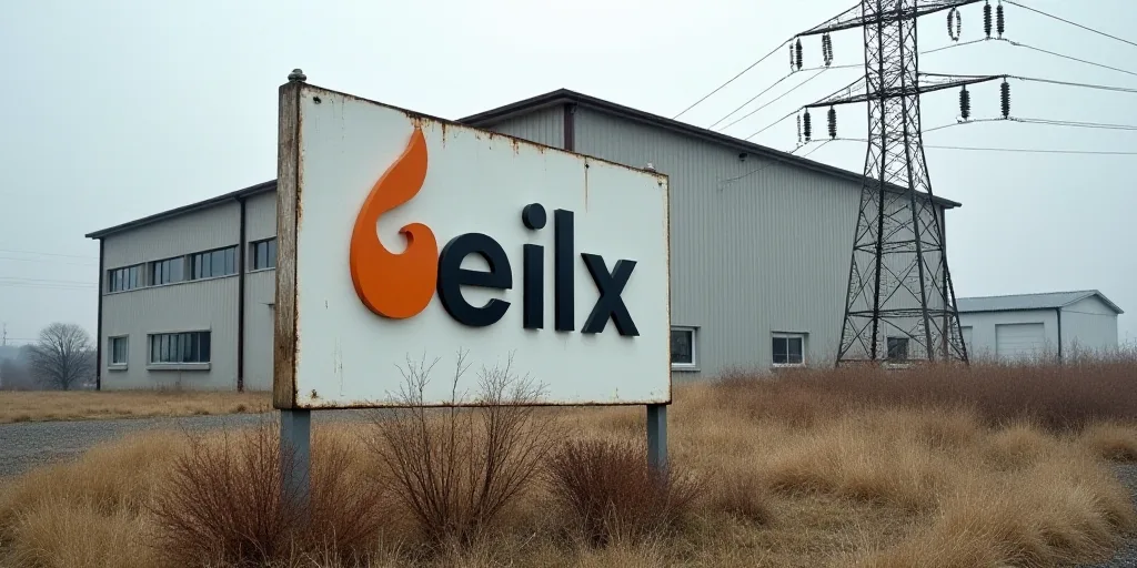a large sign with a logo on it in front of a building with a power line in the background, Carles De