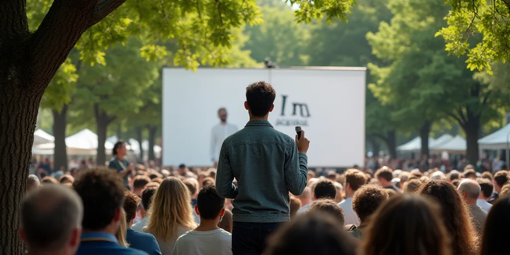 a large sign with a person holding a microphone in front of a crowd of people in a park with trees,