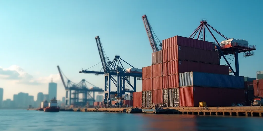 a large stack of containers sitting next to a crane in a harbor area of a city with a blue sky, Andr