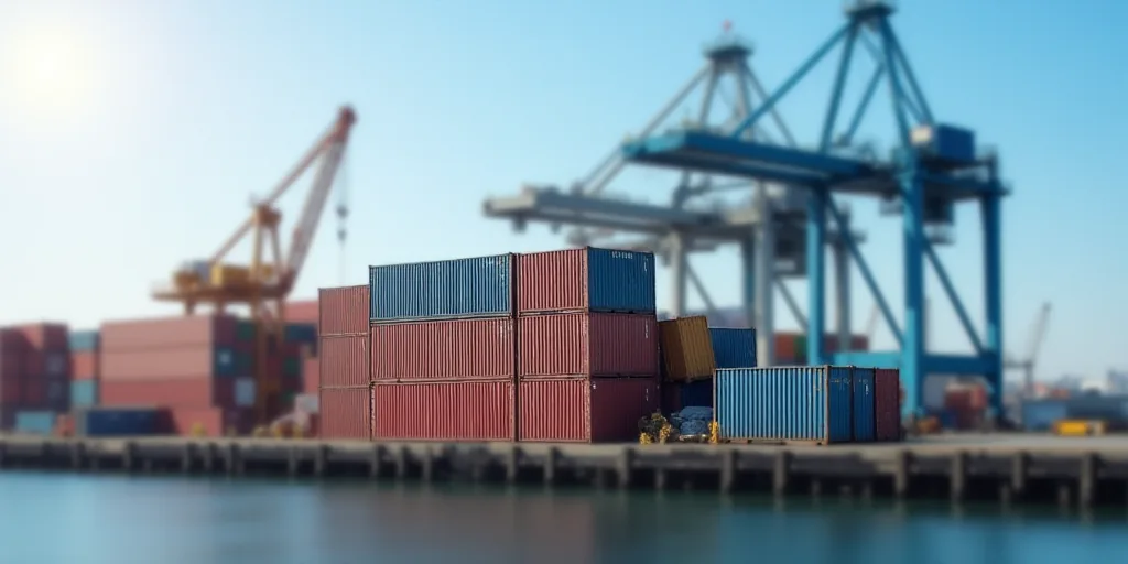 a large stack of containers sitting next to a crane in a harbor area of a city with a blue sky, Andr