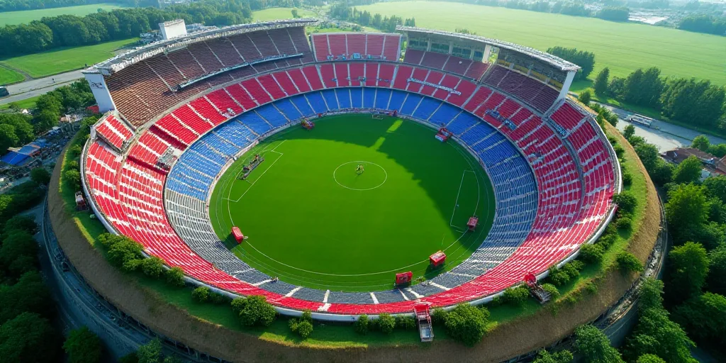 a large stadium with a green field and red and blue seats on it's sides and a field of grass, Edi Ra