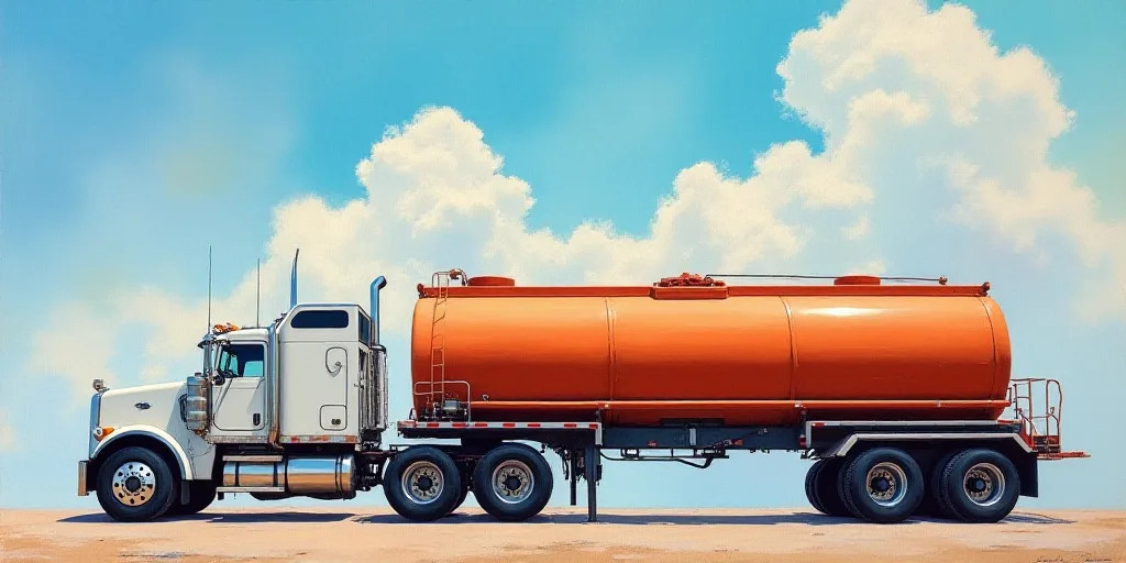 a large tanker truck with a large sign on the side of it's side door and a sky background, Aquirax U
