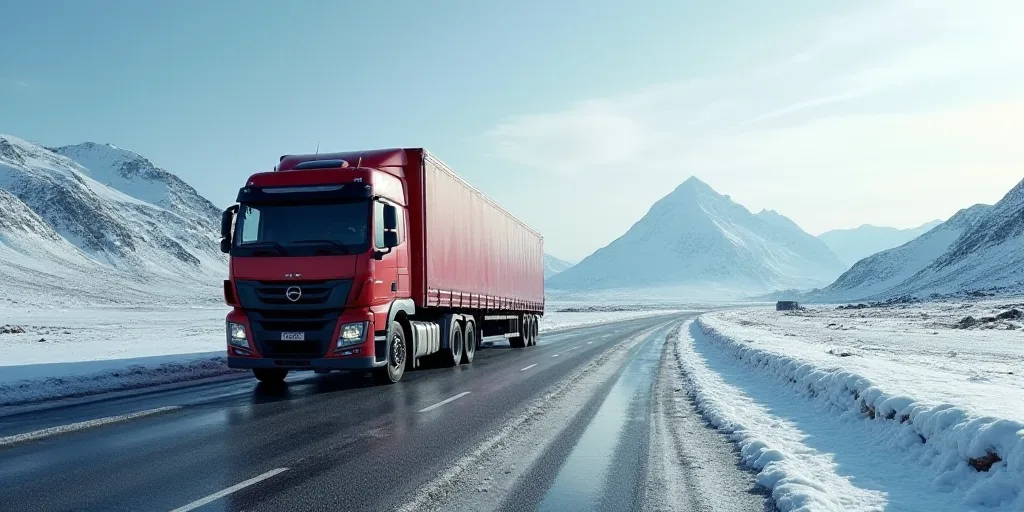 a large truck driving down a road next to a mountain range in the distance with snow on the ground,