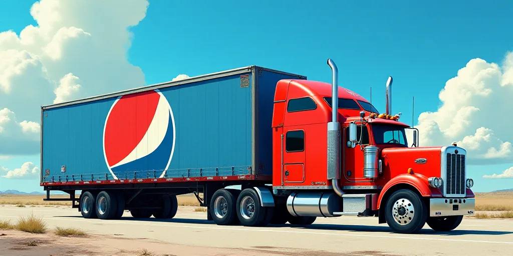 a large truck is parked in front of a building with a pepsi advertisement on it's side and a blue sk