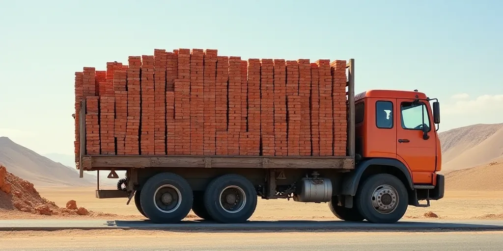 a large truck with a lot of red bricks on it's back end is parked on the side of the road, Bouchta E