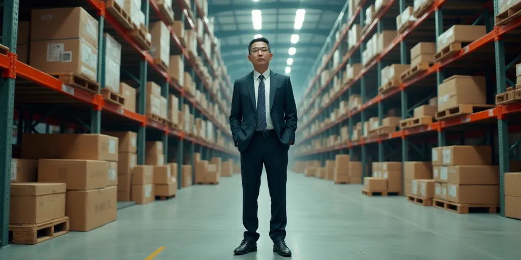 a large warehouse with a lot of shelves and boxes on the floor and a man in a suit and tie, Cao Zhib