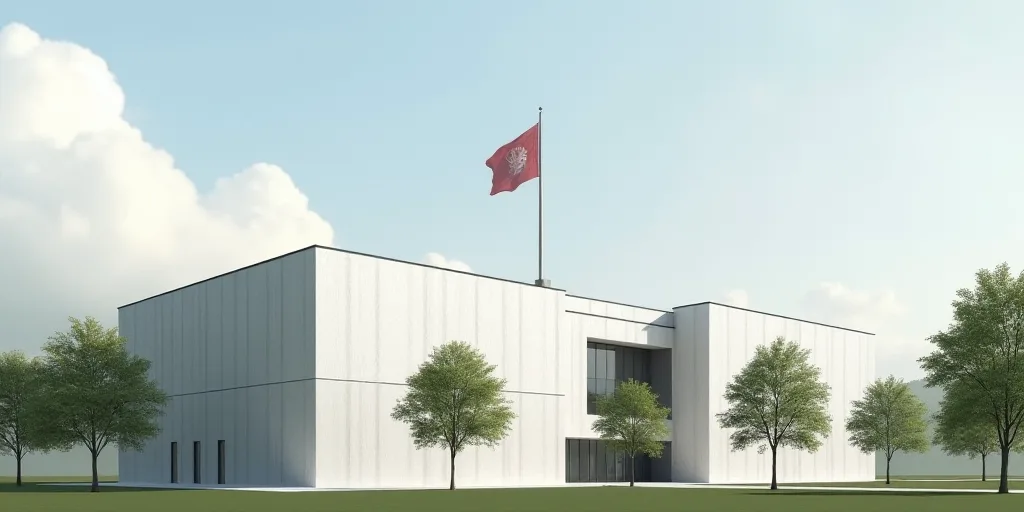 a large white building with a flag on top of it's roof and trees in front of it, Brenda Chamberlain,