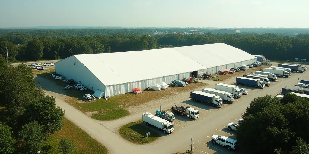 a large white building with a lot of tents around it and trees in the background and a parking lot w