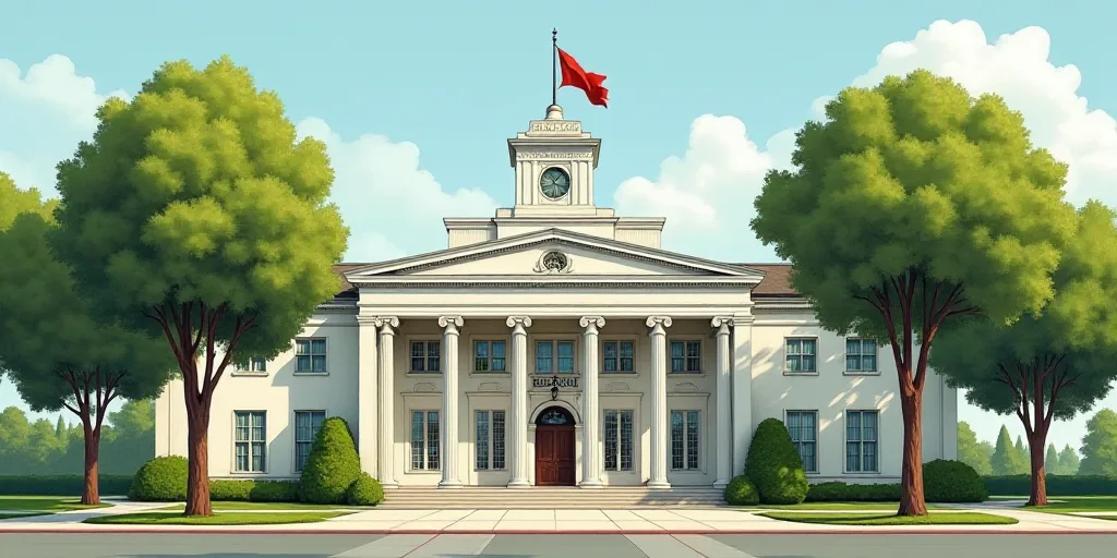 a large white building with a flag on top of it's roof and trees in front of it, Brenda Chamberlain,