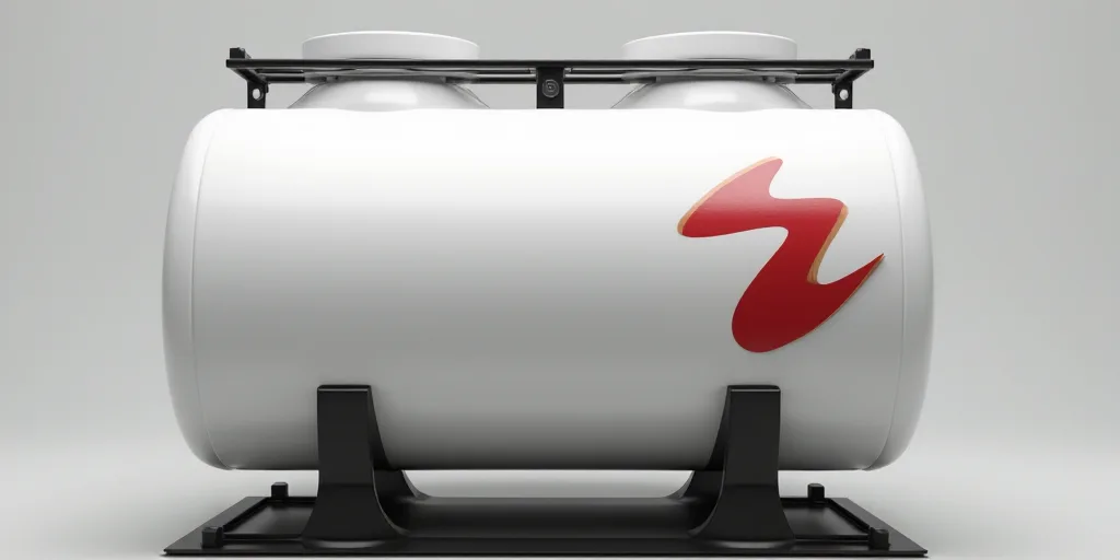 a large white tank with a red and black logo on it's side and a metal bracket on the top, Dahlov Ipc