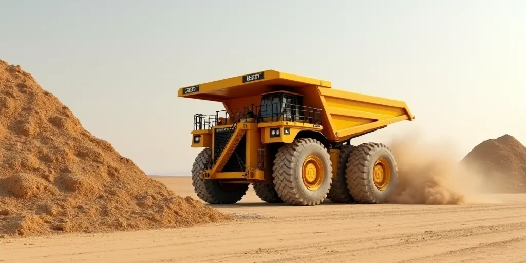 a large yellow truck is dumping sand into a pile of dirt and dirt mounds in the background is a dump