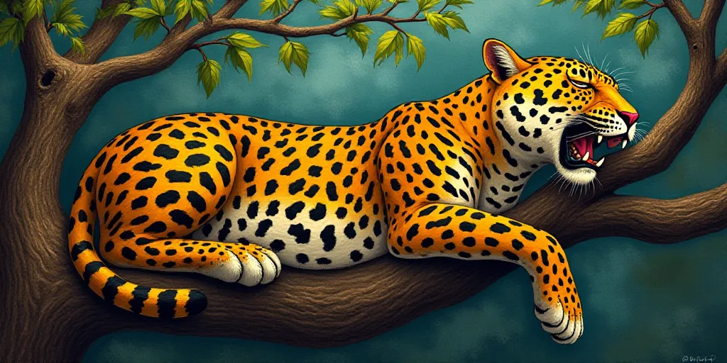 a leopard is resting in a tree with its head on a branch and its mouth open, with its eyes closed, C