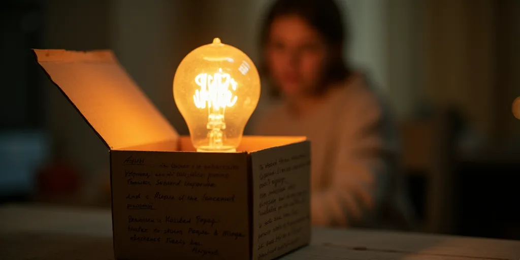 a light bulb is glowing in a box with a lot of writing on it and a blurry background, Andries Stock,