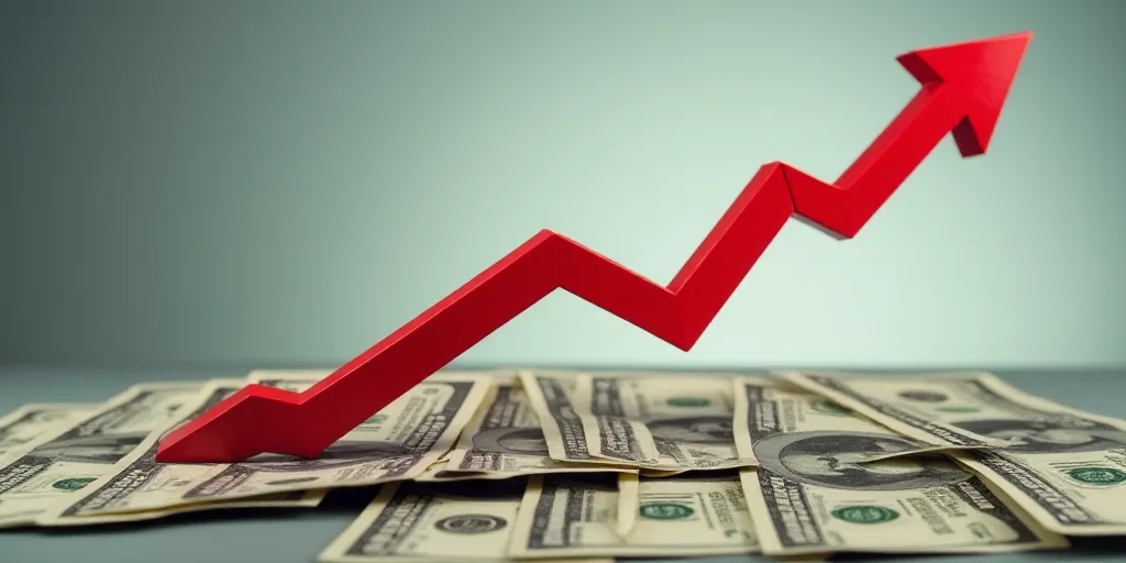 a line of money with a red arrow going up in the air and a red arrow going down in the air, Andries