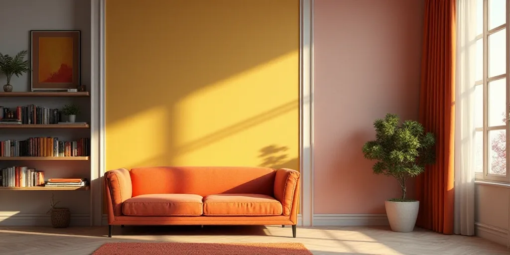 a living room with a couch and a shelf with a picture on it and a window with a curtain, Enguerrand