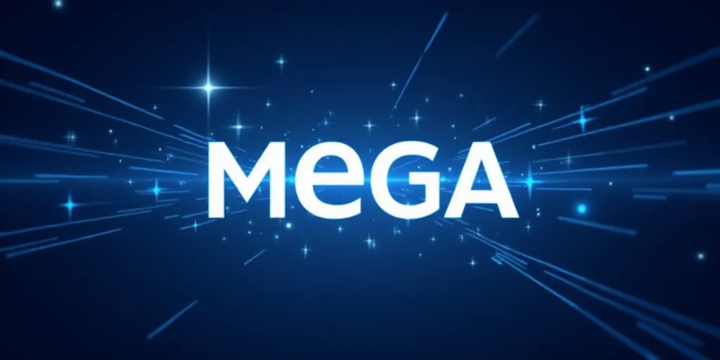 a logo for mega music and a blue background with stars and lines in the background and a white mega