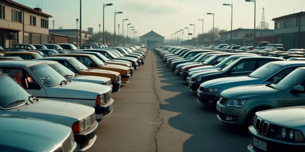a lot of cars parked in a lot next to each other in rows and lined up in rows with the doors open, A