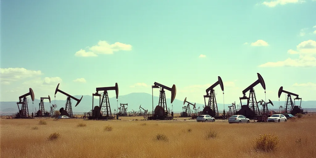 a lot of oil pumps in a field with a sky background and a few cars parked in the lot, Elbridge Ayer