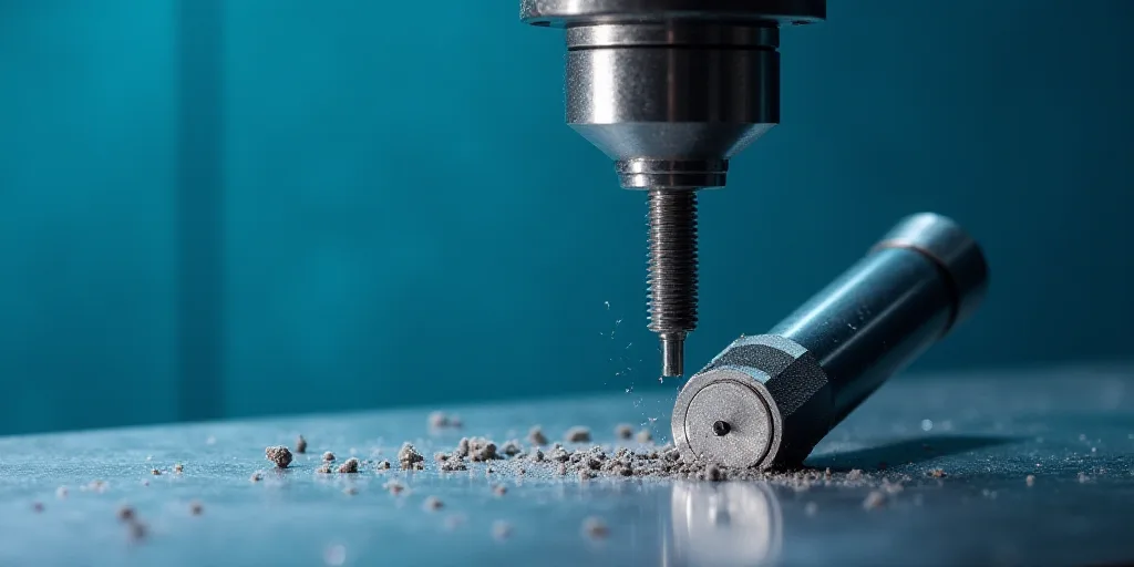 a machine that is cutting a piece of metal with a machine tool on it's side and a blue background, A