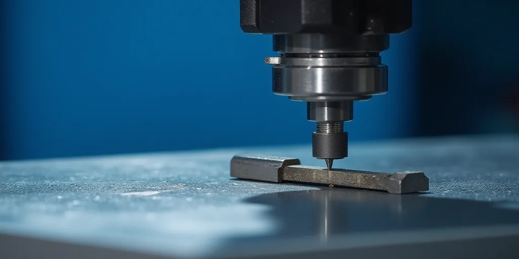 a machine that is cutting a piece of metal with a machine tool on it's side and a blue background, A