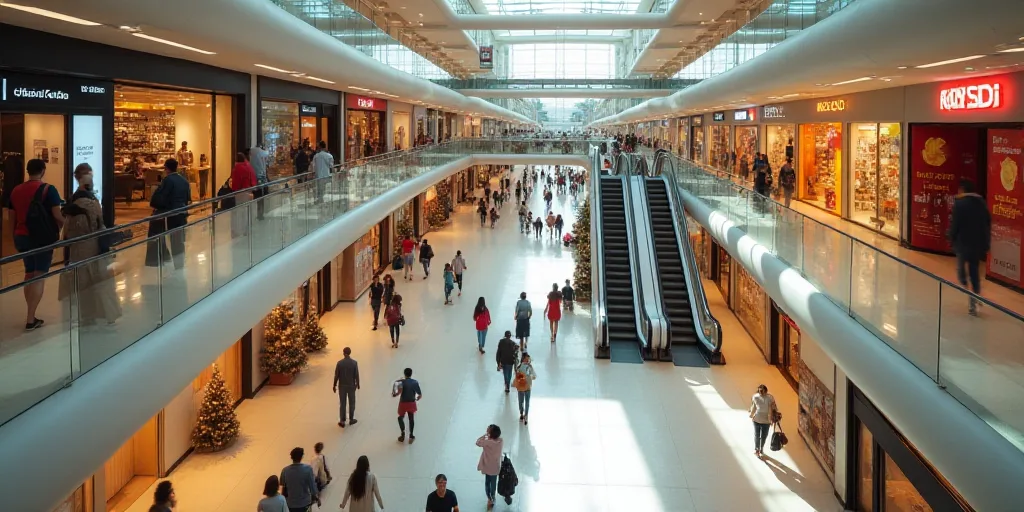 a mall with a few people walking around it and a few signs on the walls above the shops and the esca