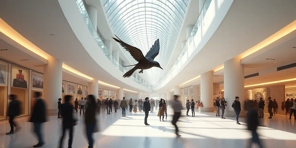 a mall with a large amount of people walking around it and a bird sculpture hanging from the ceiling