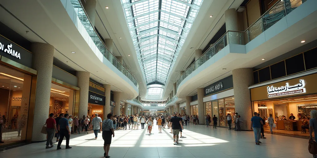 a mall with a lot of people walking around it and a few shops on the ground below them and a few peo