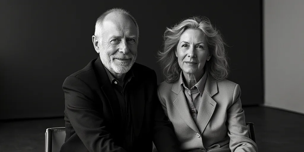 a man and a woman are sitting together in a black and white photo, one is smiling and the other is l