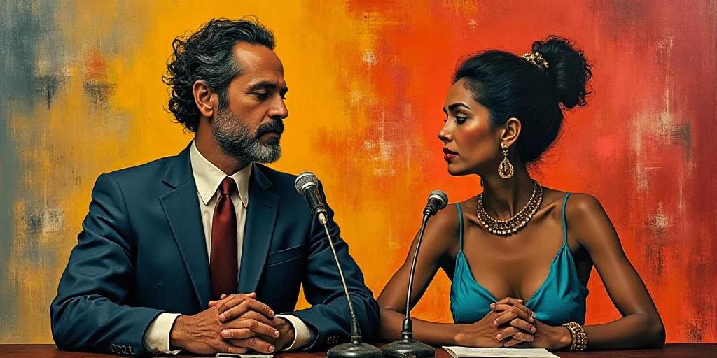 a man and a woman sitting at a table with microphones in front of them and a sign behind them, David