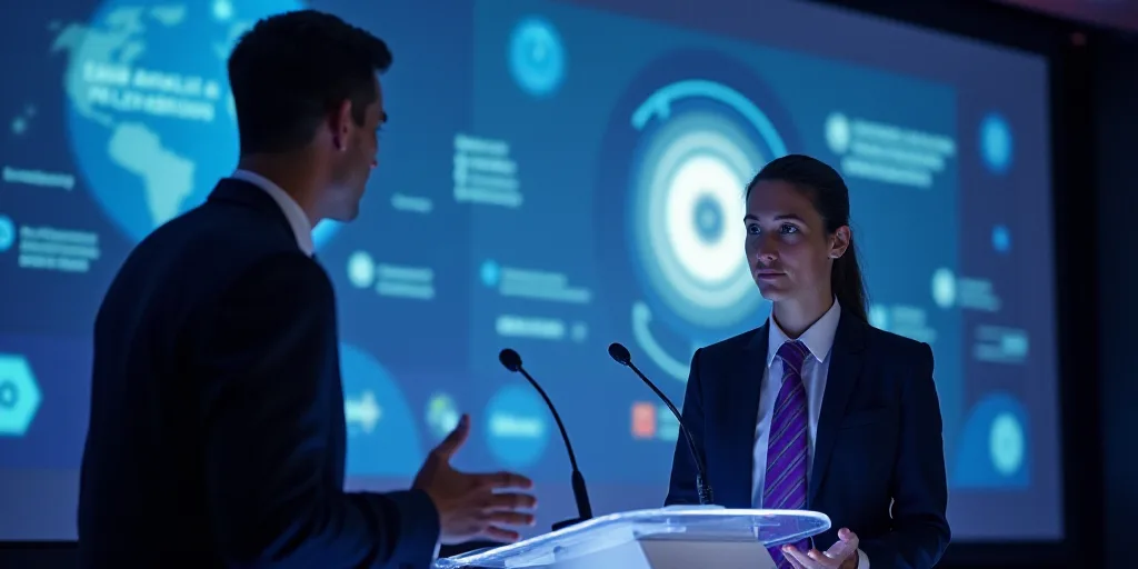 a man and a woman standing at a podium in front of a screen with a logo on it and a purple tie, Arac