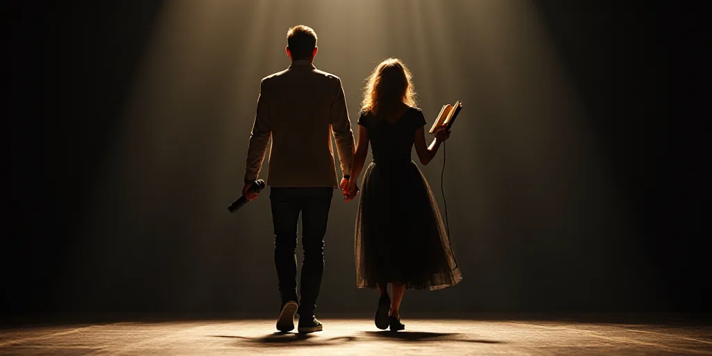 a man and a woman walking together on a stage with a microphone in their hand and a book in their ha
