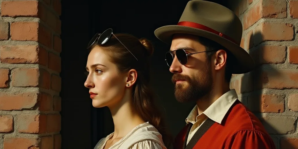 a man and a woman wearing sunglasses and a hat and sunglasses on their heads, standing next to a bri