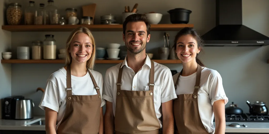 a man and two women standing in a kitchen with a man behind them and a woman behind him smiling, Bou