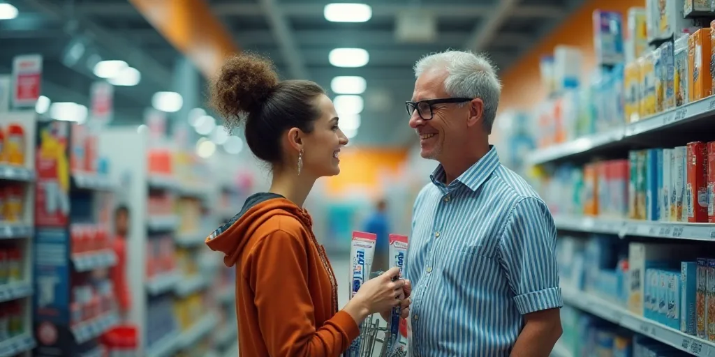 a man and woman are shopping at a store with toothbrushes and toothpaste on display in front of them