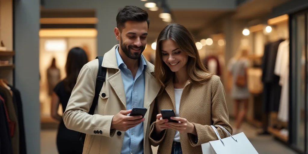 a man and woman are shopping in a store together and one is holding a shopping bag and the other is