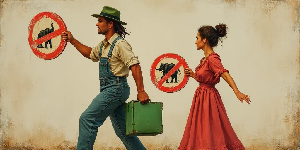 a man and woman holding a green bag and a red and white sign with an elephant on it and a red and wh