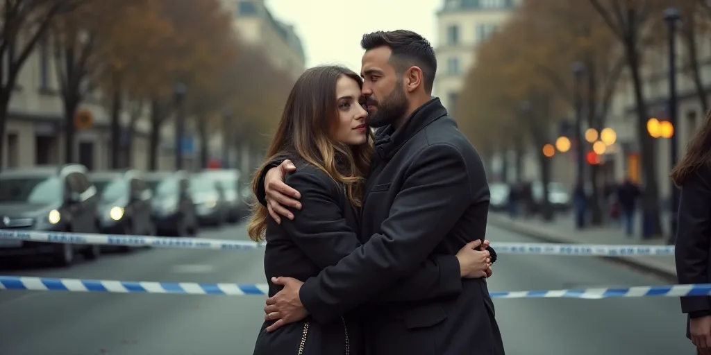a man and woman hug each other in front of a police line with a yellow tape across the street, Dougl
