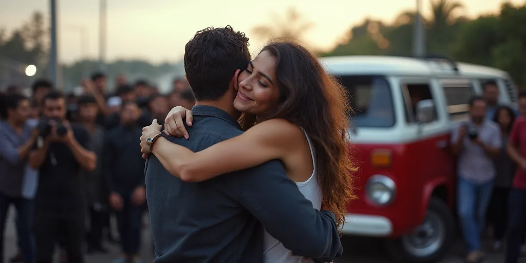 a man and woman hug each other in front of a crowd of people with cameras around them and a van, Est