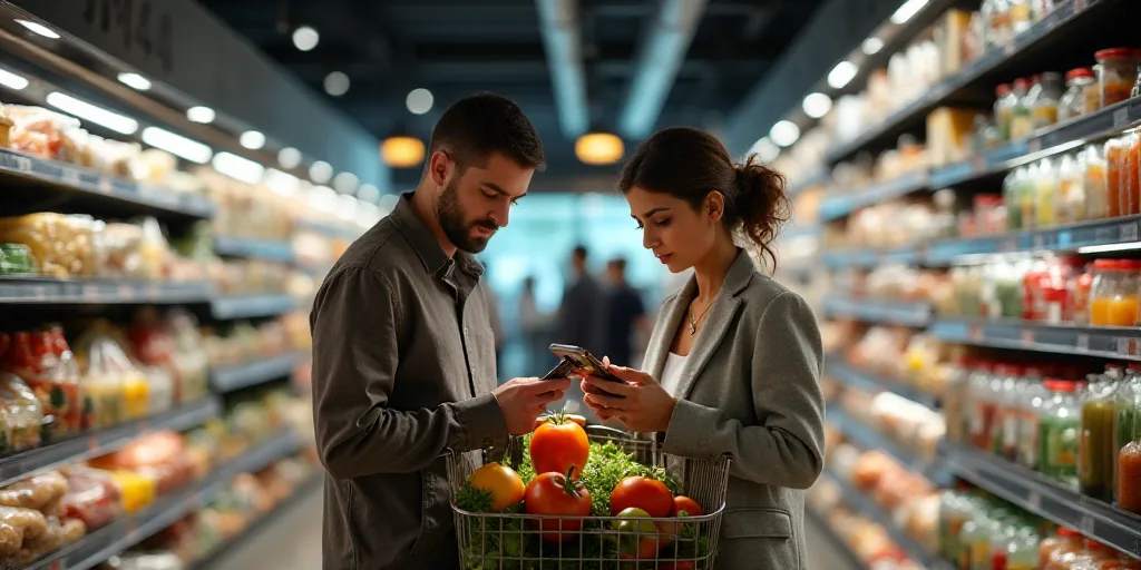 a man and woman looking at a cell phone in a grocery store aisle with a basket of food in front of t